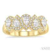 1 ctw Pear Shape 5 Stone Pear & Round Cut Diamond Halo Wedding Band in 14K Yellow Gold